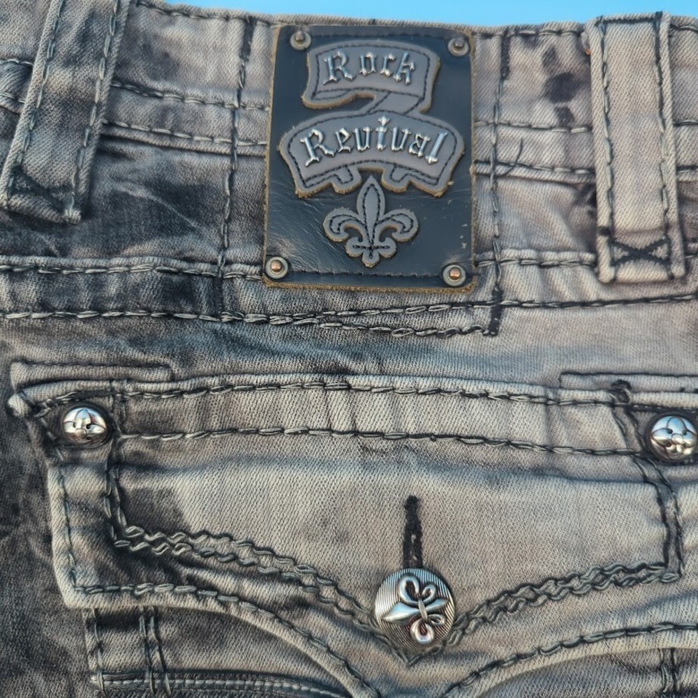 Rock Revival Steven Straight Jeans Mens 36x34 Gray Black Tie Dye Y2K Biker Thick - Picture 6 of 16
